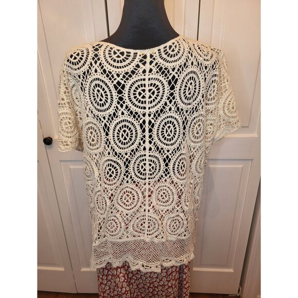 Ivory Crochet Short Sleeve Sweater L Boho Fairy Cottage Western Coastal Retro - Picture 2 of 6
